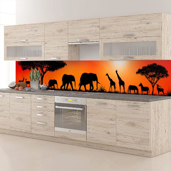 crédence silouhette annimaux de la savane ciel orange