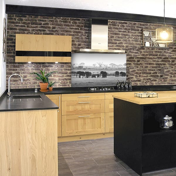 crédence famille éléphants noir et blanc fond hotte