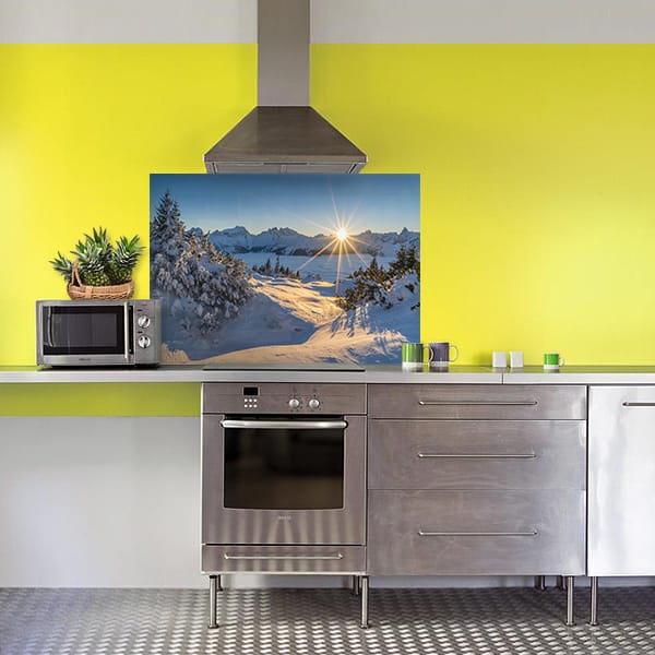 crédence montagne enneigée soleil fond hotte