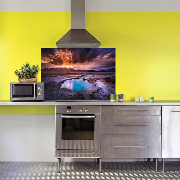 crédence couché de soleil montagne fond hotte