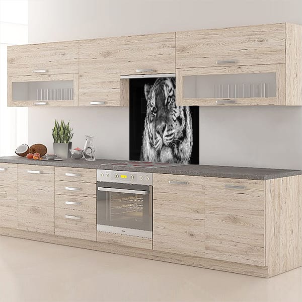 crédence tête tigre noir et blanc fond hotte