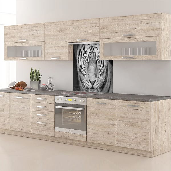 crédence regard tigre noir et blanc fond hotte