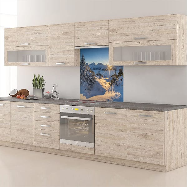 crédence montagne enneigée soleil fond hotte