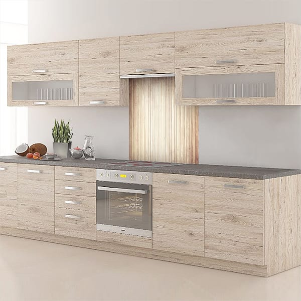 crédence lamelle bois verticale hotte